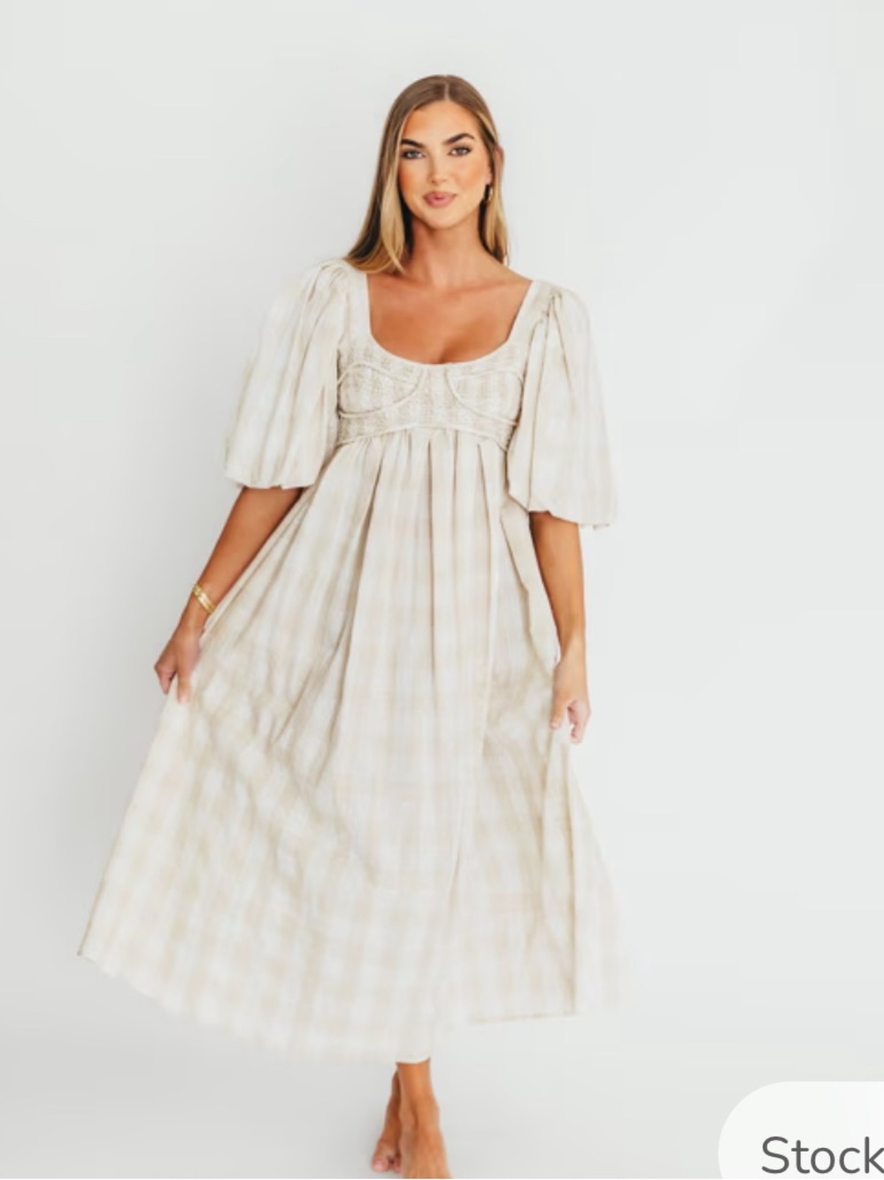 Worth Collective • Smocked Bust Cream Plaid Maxi Dress with Puff Sleeves